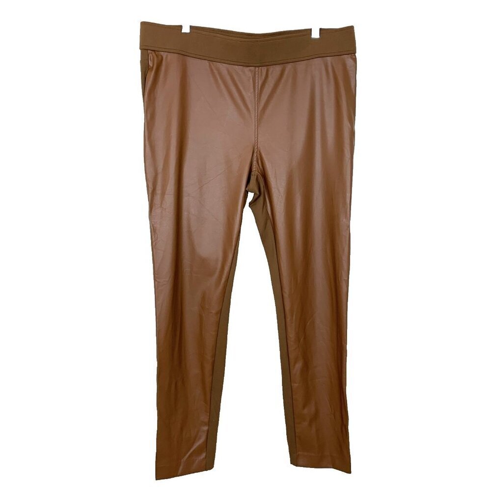 Lauren Ralph‎ Lauren Womens 16 W Pants Brown Faux Leather Ponte Knit Pull On